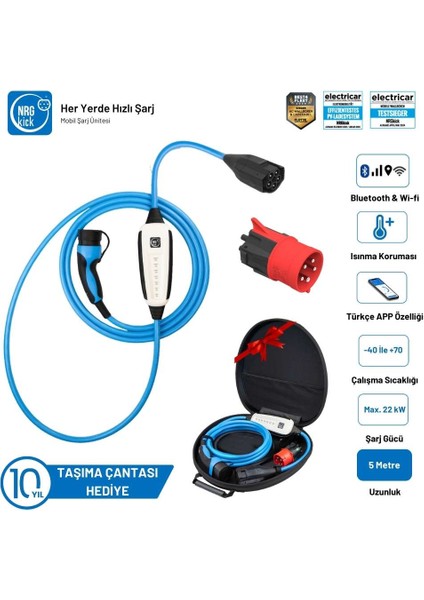Çantalı Basic Plus 32A 22KW 5m Monofaze & Trifaze Wifi+Bluetooth Ac Mobil Elektrikli Araç Şarj (Wallbox)
