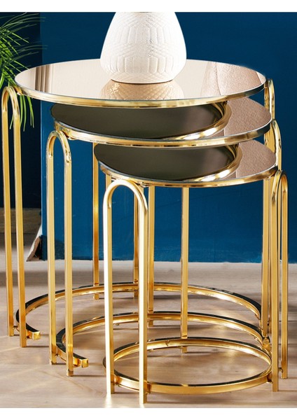 Zigon Sehpa Bronz Ayna Lenka Yuvarlak 3'lü Gold Metal Sedaş-Lenka-Zigon-Gold