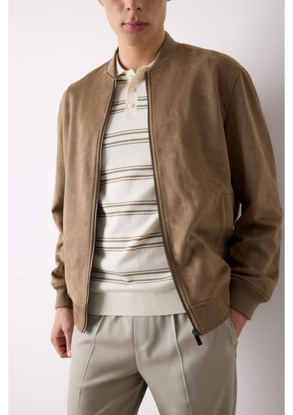 Slim Fit Süet Bomber Mont Ceket Dar Kesim Kolej Yaka Fermuarlı Çift Cepli Mevsimlik Baharlık Hafif A3866AX25SP