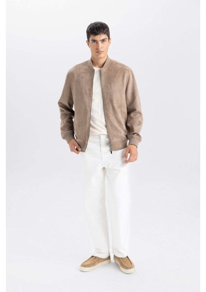 Slim Fit Süet Bomber Mont Ceket Dar Kesim Kolej Yaka Fermuarlı Çift Cepli Mevsimlik Baharlık Hafif A3866AX25SP fırsatları
