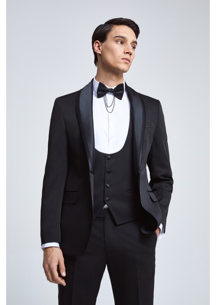 Ds Damat Slim Fit Siyah Armürlü Smokin Yelekli Takim Elbise