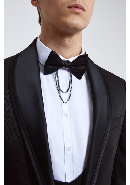 Ds Damat Slim Fit Siyah Armürlü Smokin Yelekli Takim Elbise