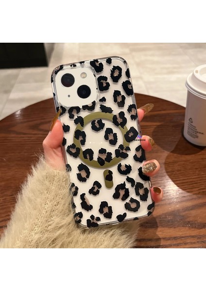 iPhone 15 Uyumlu Leopar Desenli Magsafe Şarj Destekli Silikon Şeffaf Kılıf