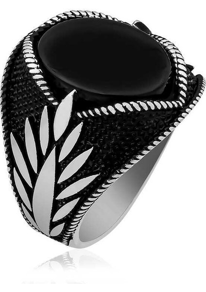 Gümüş Oniks Taşlı Işlemeli Erkek Yüzük - 28