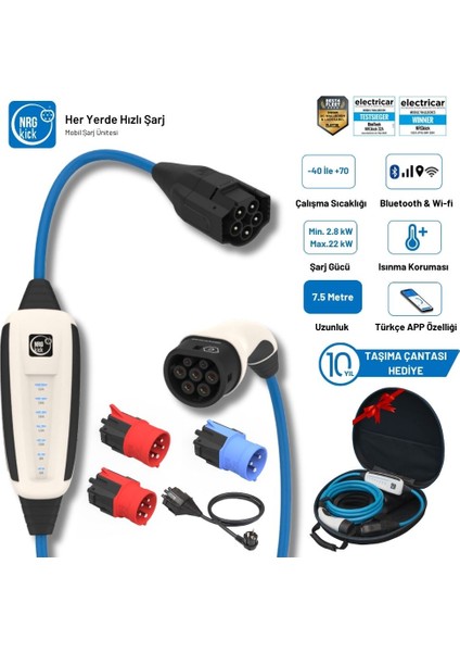 Çantalı Premium Set 16A&32A 2.8-22KW 7.5m Ev Prizli Wifi+Bluetooth Monofaze & Trifaze Ac Mobil Şarj (Wallbox)