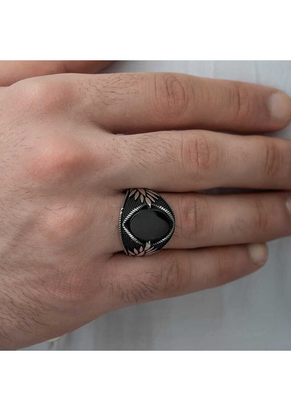 Gümüş Oniks Taşlı Işlemeli Erkek Yüzük - 28 indirimleri