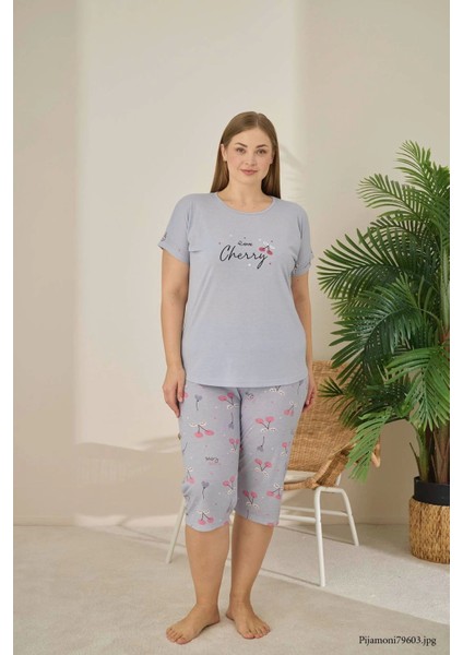 Büyük Beden Gri Polyviskon Kumaş Pijama Takımı – 7345