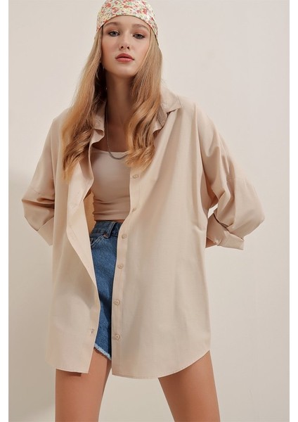 3900 Oversize Uzun Basic Gömlek - Krem