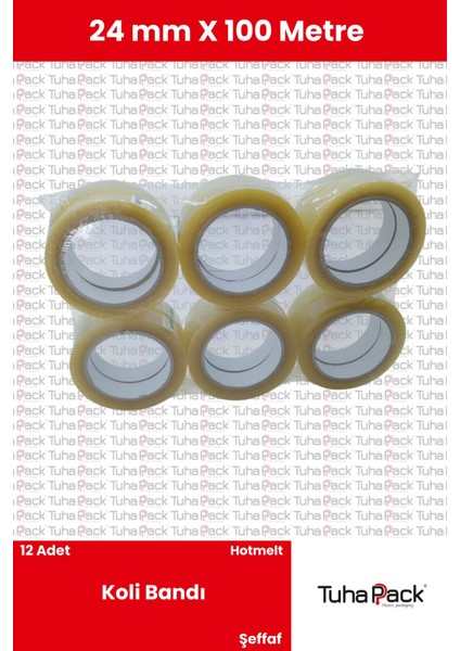 Koli Bandı 24MM x 100M Hotmelt Şeffaf (12 Adet) - Güçlü Yapışkanlı Koli Bandı