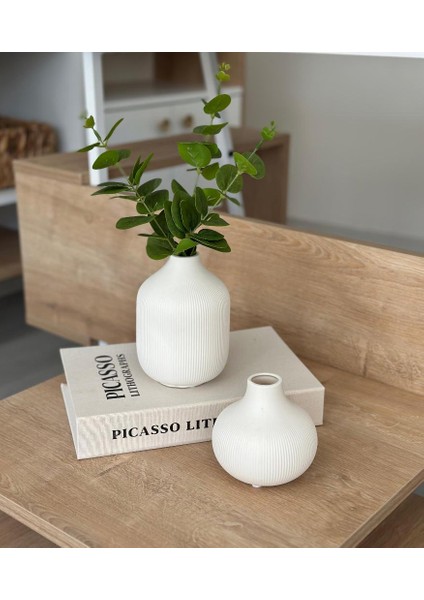 2'li Seramik Bohem Mat Vazo Seti Krem (Çiçek Dahil)