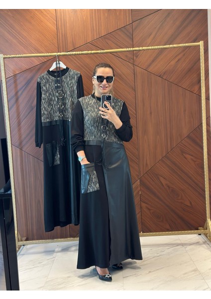 Simli Deri Detaylı Uzun Elbise