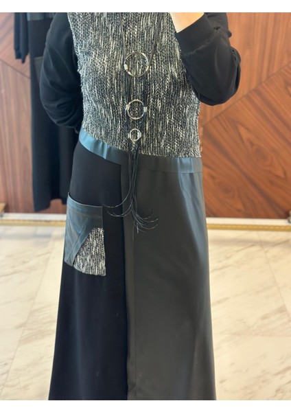 Simli Deri Detaylı Uzun Elbise fiyatları