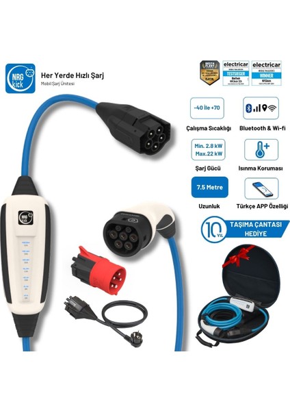 Çantalı Standart Plus 32A 2.8-22KW 7.5m Ev Prizli Wifi+Bluetooth Monofaze & Trifaze Ac Mobil Şarj (Wallbox)