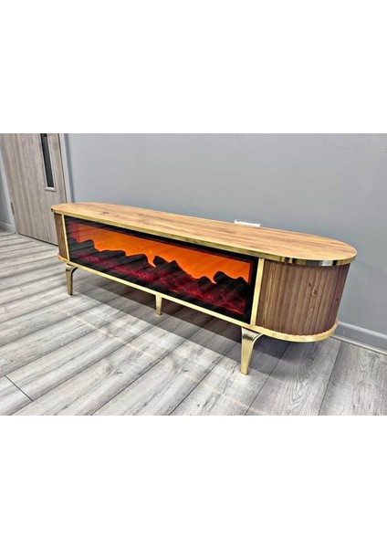 Şömineli Tv Sehpası Gold Ayak Bluetooth Hoparlörlü 3 Renk Mavi,kirmizi,turuncu Kumandali 160 cm