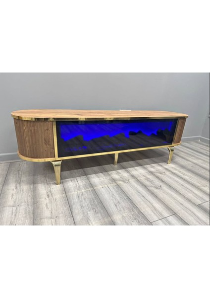 Şömineli Tv Sehpası Gold Ayak Bluetooth Hoparlörlü 3 Renk Mavi,kirmizi,turuncu Kumandali 160 cm fiyatları