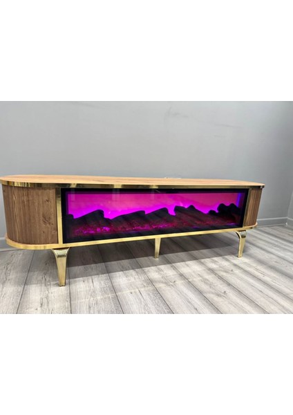 Şömineli Tv Sehpası Gold Ayak Bluetooth Hoparlörlü 3 Renk Mavi,kirmizi,turuncu Kumandali 160 cm modelleri