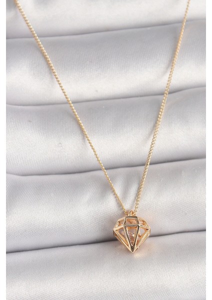 Pirinç Gold Renk 3D Zirkon Taşlı Elmas Model Kadın Kolye