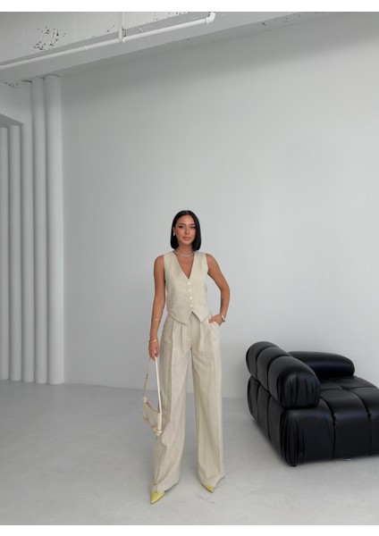 Kadın Keten Toka Detaylı Bilek Boy Wide Leg Pantolon