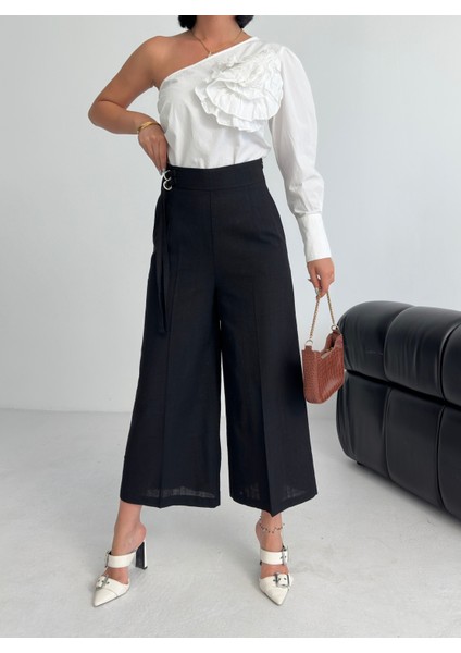 Kadın Keten Toka Detaylı Bilek Boy Wide Leg Pantolon modelleri