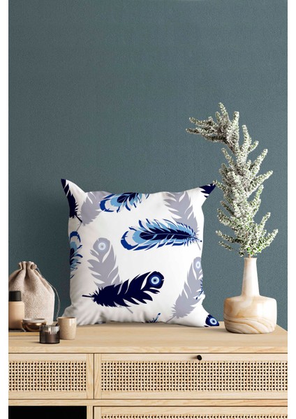 Doğa Temalı Mavi Gri Tüy Desenli Dijital Baskılı Dekoratif Kırlent Yastık Kılıfı modelleri