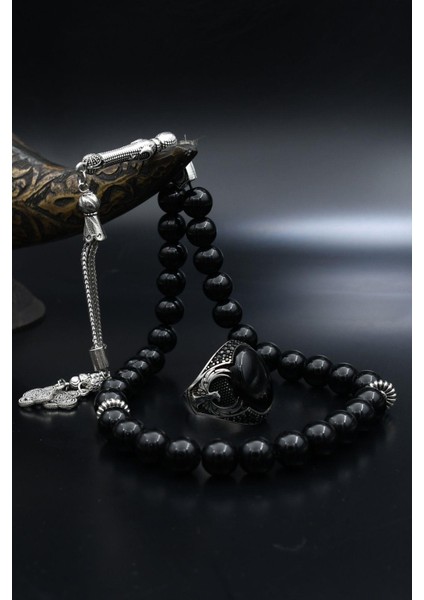 Doğal Oniks Taşlı Tesbih ve 925 Ayar Gümüş Yüzük Anka Kuşu Figürlü Oniks Taşlı 901960 fiyatları