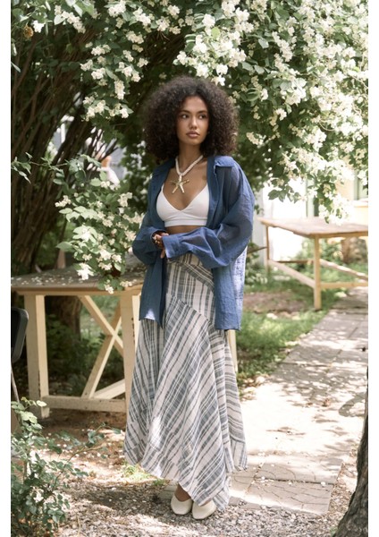 Peigi Çizgili Parçalı Indigo Midi Etek