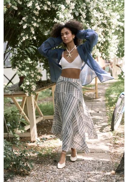 Peigi Çizgili Parçalı Indigo Midi Etek fiyatları