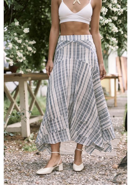 Peigi Çizgili Parçalı Indigo Midi Etek modelleri