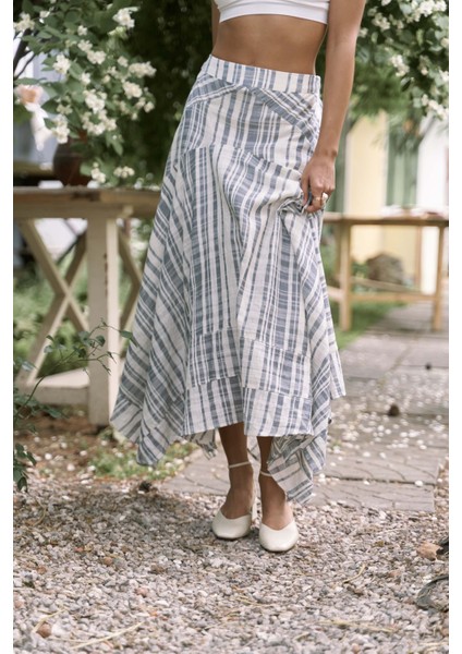 Peigi Çizgili Parçalı Indigo Midi Etek fırsatları