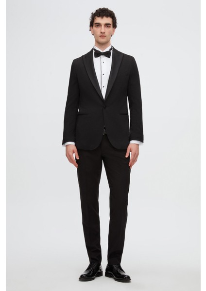 Ds Damat Slim Fit Siyah Armürlü Damatlık & Smokin Takim Elbise