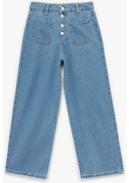 Normal Paça Düğmeli Yüksek Bel Pamuklu Geniş Paça Crop Jean Pantolon - Wide Leg Jeans