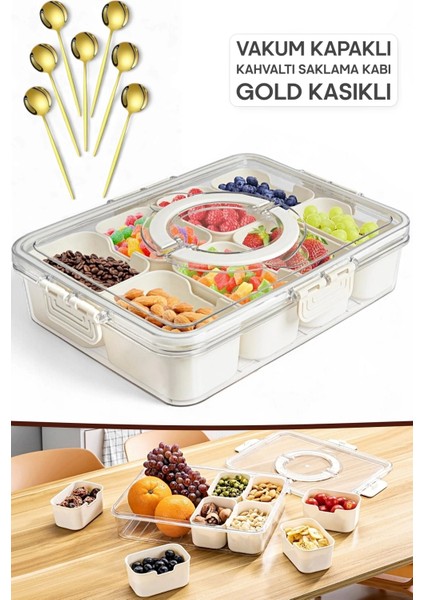 Gold Kaşıklı Kahvaltılık Saklama Kabı Organizer Kilit Kapaklı 8 Bölmeli Taşınabilir Piknik Seti