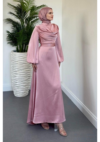 Areka Taşlı Kuyruklu Degaje Yaka Abiye Pudra