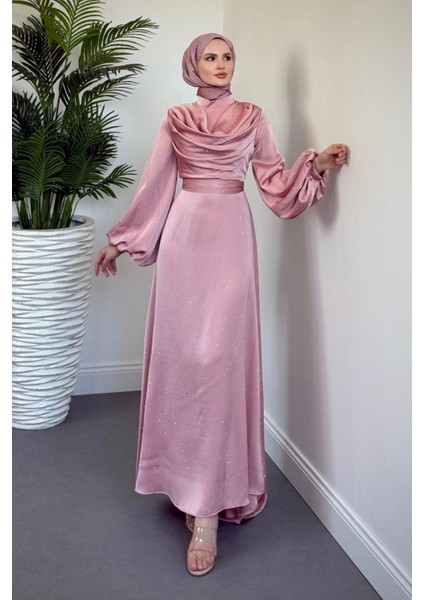 Areka Taşlı Kuyruklu Degaje Yaka Abiye Pudra fiyatları