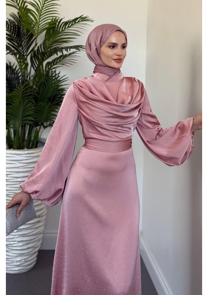 Areka Taşlı Kuyruklu Degaje Yaka Abiye Pudra fırsatları