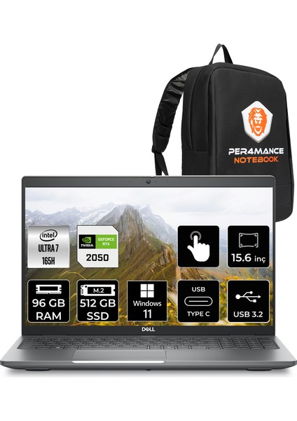 Latitude 5550 Intel Core Ultra 7 165H 96GB 512GB SSD RTX2050/4GB 15.6" Fhd Windows 11 Home Touch Taşınabilir Bilgisayar & Per4 Çanta XCTOL5550P377