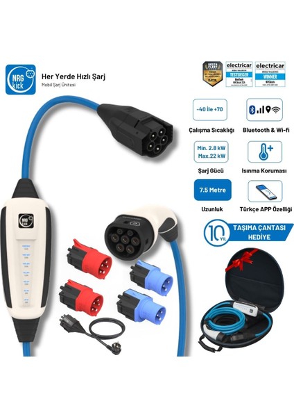 Çantalı Premium Plus Set 16A&32A 2.8-22KW 7.5m Ev Prizli Wifi+Bluetooth Monofaze & Trifaze Ac Mobil Şarj (Wallbox)