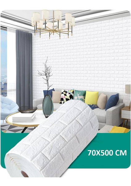 Kendinden Yapışkanlı Beyaz Tuğla Desen 3D Duvar Kağıdı Paneli Tek Parça 70X500 cm
