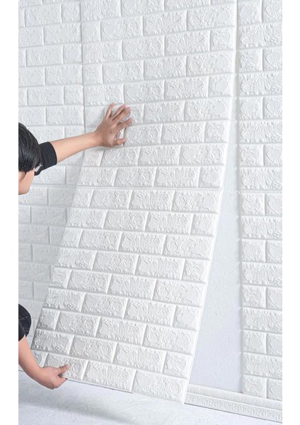 Kendinden Yapışkanlı Beyaz Tuğla Desen 3D Duvar Kağıdı Paneli Tek Parça 70X500 cm
