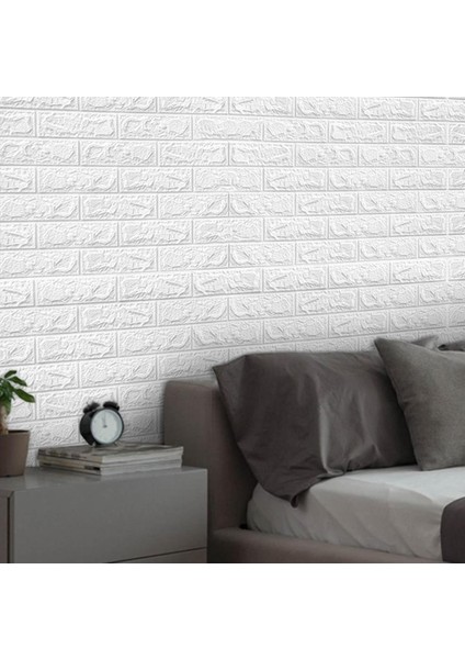 Kendinden Yapışkanlı Beyaz Tuğla Desen 3D Duvar Kağıdı Paneli Tek Parça 70X500 cm