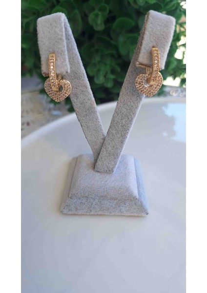 Kalp Küpe Zirkon Taşlı Gold