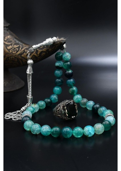 Doğal Damarlı Akik Taşlı Tesbih ve 925 Ayar Gümüş Yüzük Yeşil Zirkon Taşlı 901963