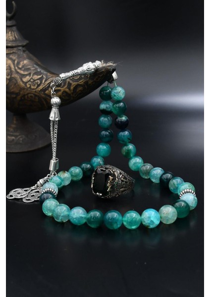 Doğal Damarlı Akik Taşlı Tesbih ve 925 Ayar Gümüş Yüzük Yeşil Zirkon Taşlı 901963 fiyatları