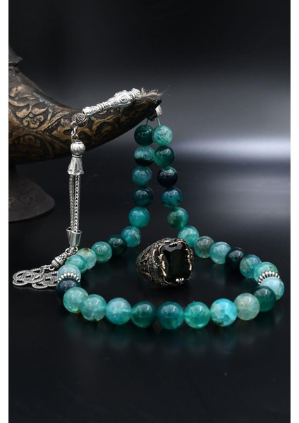 Doğal Damarlı Akik Taşlı Tesbih ve 925 Ayar Gümüş Yüzük Yeşil Zirkon Taşlı 901963 modelleri