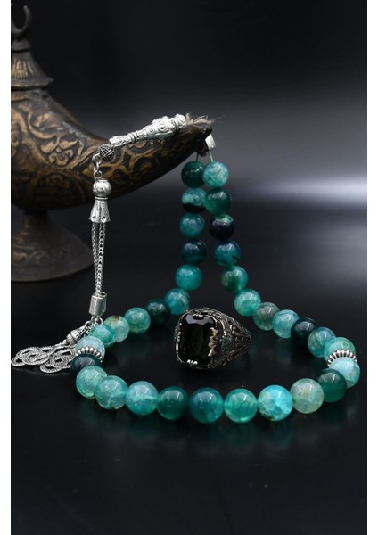 Doğal Damarlı Akik Taşlı Tesbih ve 925 Ayar Gümüş Yüzük Yeşil Zirkon Taşlı 901963 fırsatları