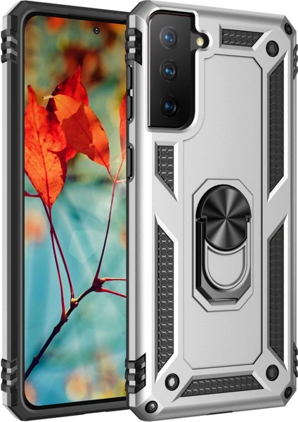 Newface Samsung Galaxy S21 Kılıf Sofya Yüzüklü Silikon Kapak - Gümüş