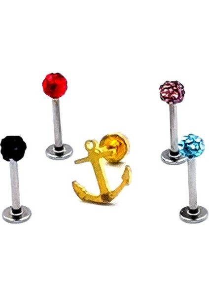 Renkli Taşlı Çelik 5 Adet Kaş Tragus Piercing