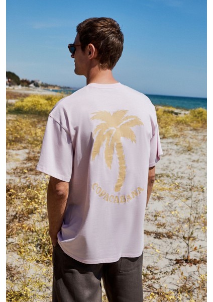 Copacabana Erkek Ön Arka Çatlayan Baskı Detaylı %100 Organik Pamuk Oversize Kısa Kollu Pembe T-shirt