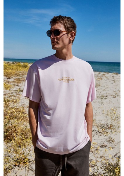 Copacabana Erkek Ön Arka Çatlayan Baskı Detaylı %100 Organik Pamuk Oversize Kısa Kollu Pembe T-shirt fiyatları