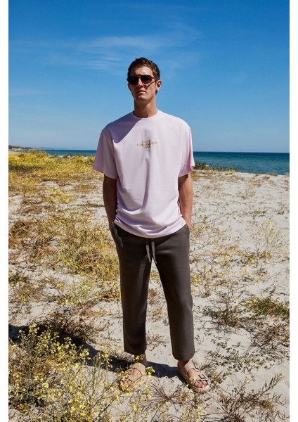 Copacabana Erkek Ön Arka Çatlayan Baskı Detaylı %100 Organik Pamuk Oversize Kısa Kollu Pembe T-shirt modelleri